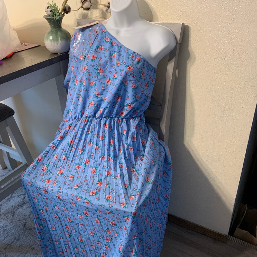 Floral One-Shoulder Blue Dress